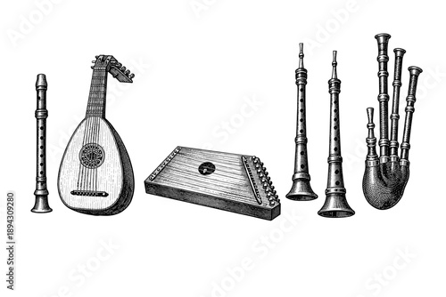Vintage musical instruments: lute, dulcimer, bagpipes, oboe, recorder