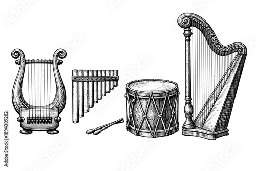 Vintage musical instruments: lyre, pan flute, drum, harp in detailed sketch