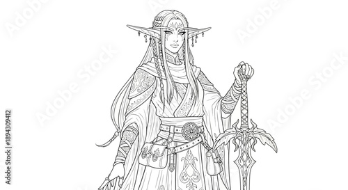 Elegant fantasy elf warrior with long pointed ears and detailed robes holding an ornate sword, intricate line art for coloring book.