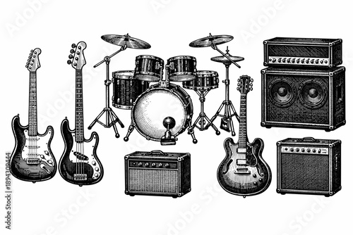 Vintage musical instruments: electric guitars, drum set, amplifiers in black and white