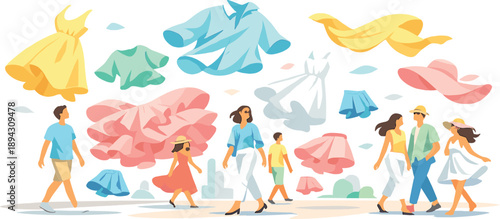 Sunlit urban plaza transformed into a fashion showcase as lightweight garments drift like clouds around walking figures,