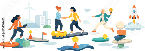 Women Entrepreneurs' Journey. Bright urban innovation hub where women founders move forward together while abstract milestones