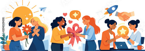 Sunlit modern office interior where women coworkers exchange symbolic gestures like flowers, ribbons, and glowing abstract icons,