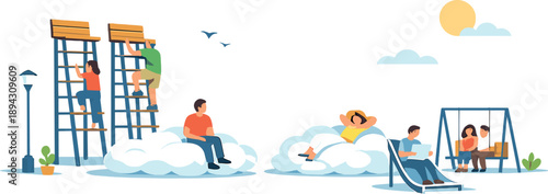 Playful Urban Absurdity. Sunny urban plaza where a simple scene turns humorous as ordinary objects behave incorrectly, visual joke