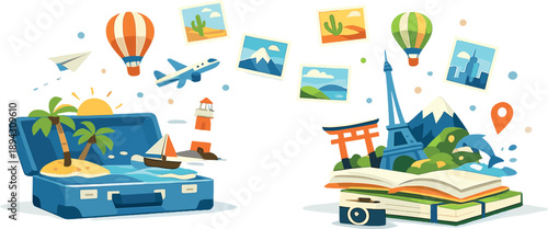Sunlit open space where colorful destination icons emerge from luggage and notebooks, fresh travel ideas visualized through