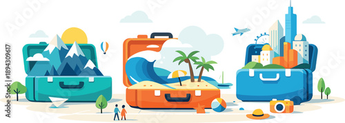 Sunny open plaza scene where modern tourism icons like mountains, beaches, and cities appear as minimal abstract forms emerging