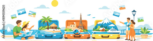 Bright coastal promenade scene where people plan trips while miniature sunny destinations rise from luggage, playful surreal