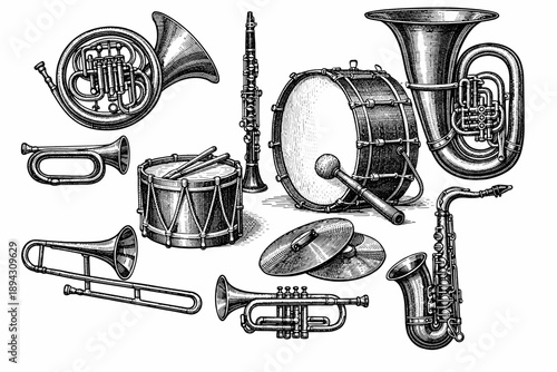 Vintage musical instruments ensemble with brass and percussion sketch