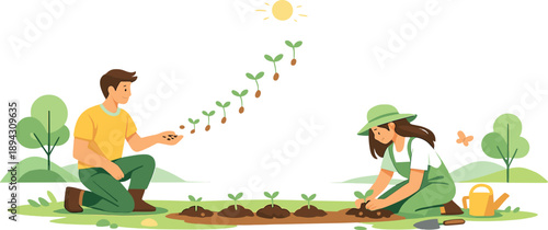 Sunlit planting activity unfolds in an open green space where seeds transform into tiny sprouts midair, optimism conveyed through