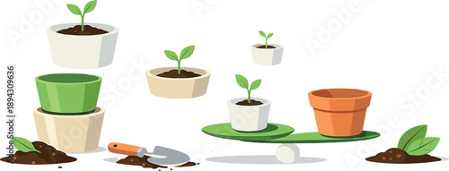 Sunlit Eco Garden. Sunlit minimalist environment presents eco gardening habits with clean pots, soil, and leaves arranged in a