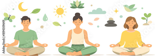 Sunlit open space where mindfulness practice unfolds slowly, calm symbols hover around seated figures creating a peaceful rhythm,