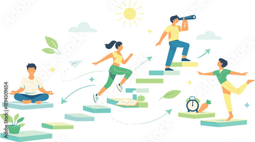 Sunlit open environment where daily habits evolve into positive routines, self improvement visualized through floating steps,