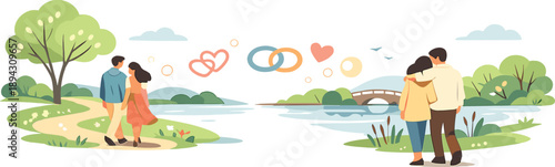 Calm spring riverside setting where romantic figures walk slowly as soft emotional symbols like intertwined shapes and warm light