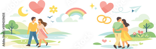 Sunlit spring landscape where love feels renewed as people walk together while abstract emotional symbols bloom around them,