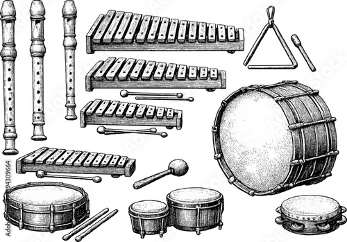 Vintage musical instruments collection including drums and xylophones