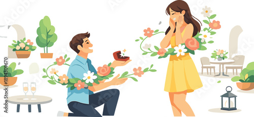 Sunlit courtyard setting where engagement season unfolds with floral accents arranged around smiling figures, romantic surprise