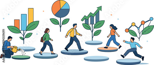 Sunny open plaza transformed into a growth-oriented scene as rounded charts grow like plants and people step confidently across