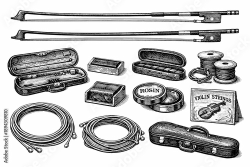Vintage violin accessories collection with bows, cases, rosin, strings, and cables