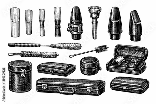 Intricate engraved woodwind and brass instrument mouthpieces and accessories collection