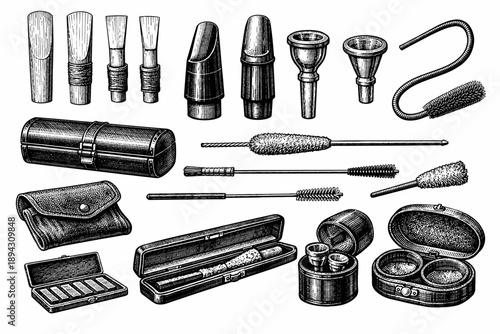 Vintage musical instrument accessories - reeds, mouthpieces, brushes, and cases