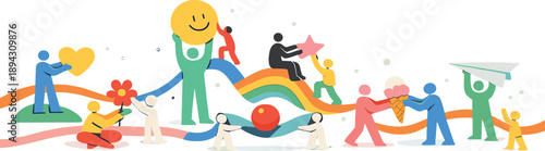 Sunny open courtyard transformed into a friendship celebration as abstract figures connect through colorful paths and pass