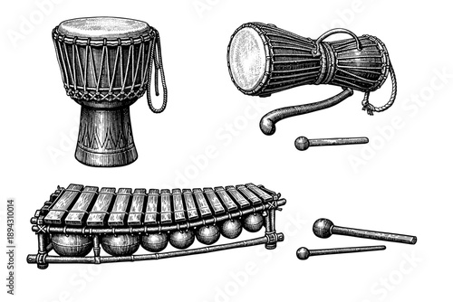 Traditional percussion instruments: djembe, talking drum, xylophone engraving art