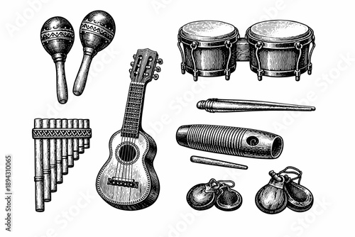 Collection of vintage musical instruments: maracas, congas, guitar, pan flute, kazoo, castanets