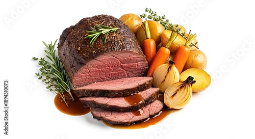 Sliced Roast Beef with Vegetables and Gravy on White Background