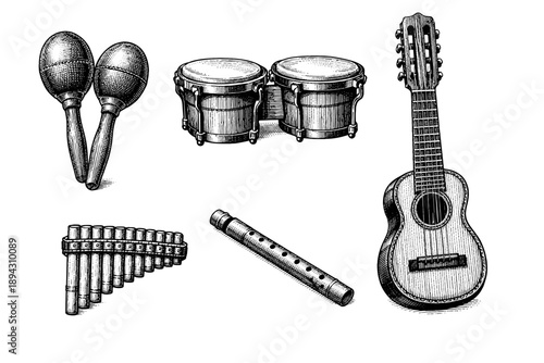 Vintage musical instruments: guitar, flute, maracas, bongos, pan flute