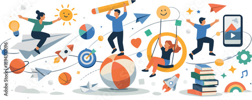 Sunny open space alive with dynamic motion as abstract geometric forms, floating icons, and playful symbols orbit joyful figures,