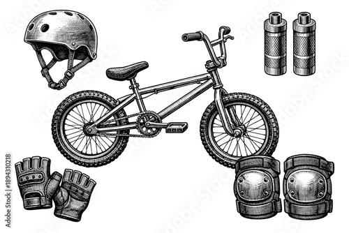 Intricate vintage bmx bicycle with helmet, grips, gloves, and knee pads