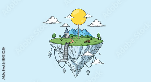 Hand-drawn fantasy floating island illustration with a house, waterfall, mountains, trees, and sun in a dreamlike sky