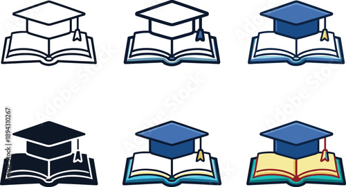 Education learning concept icon depicting an open book with a graduation cap displayed six times in a balanced 2×3 grid on a