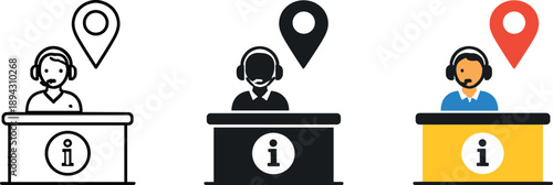 Travel Assistance Icons. Travel assistance concept depicted by an information desk icon with a service agent figure and location