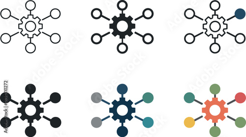 Structured process management icon showing connected nodes and a central cogwheel displayed six times in a balanced 2×3 grid on