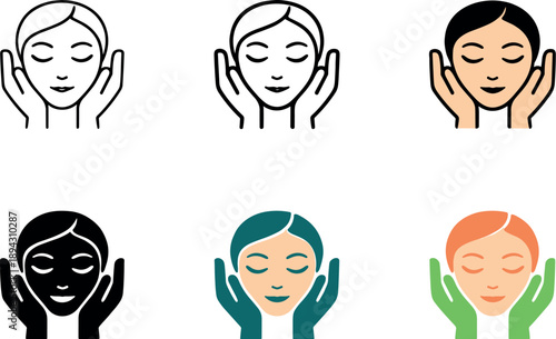 Wellness themed facial care icon depicting a peaceful face being treated by soft hands, expressing beauty and self care,