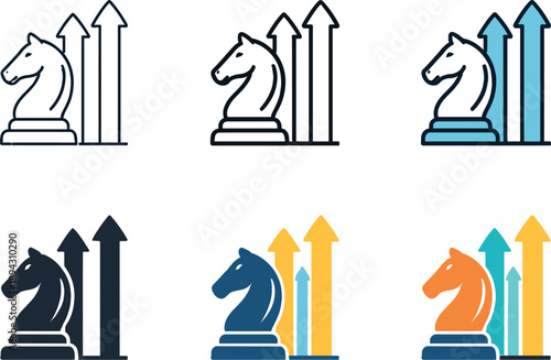 Business strategy concept icon showing a chess knight combined with upward arrows displayed six times in a balanced 2×3 grid on a