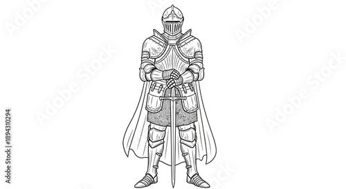 Vector Line Art Illustration of a Medieval Knight in Full Plate Armor Holding a Sword, Historical Warrior Drawing
