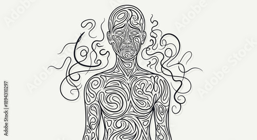 Abstract human figure line art with intricate swirling patterns, representing mind, consciousness, and introspection on white background