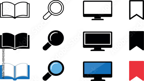 Open book for digital reading, magnifying glass for search, computer screen for online access, bookmark for saved content. Render