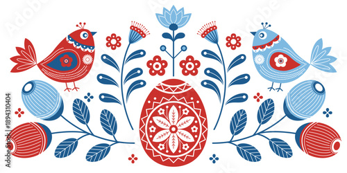 Folk Art Easter Vector Illustration with Ornate Birds Floral Elements and Decorated Pysanka Egg