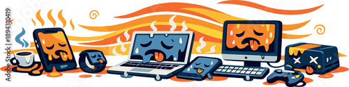 Digital burnout scene sweeping across a minimal environment as devices overheat together, heat waves flowing like motion lines,