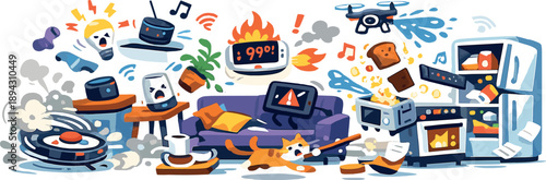 Smart home malfunction scene sweeping across a minimal interior as connected devices revolt together, motion chaotic yet playful,