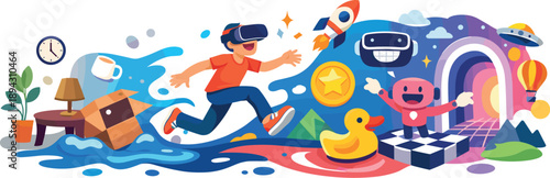 Virtual reality escape scene sweeping across a minimal environment as real-world elements dissolve into fluid shapes and virtual