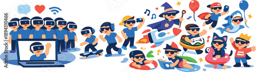 Online identity split scene sweeping across a minimal environment as avatars multiply and drift independently, unity dissolving