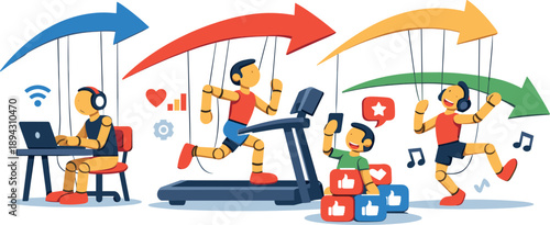 Algorithm influence scene sweeping across a minimal space as arrows glide and puppets respond automatically, control rendered