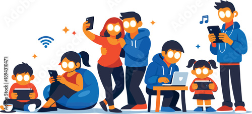 Screen time addiction scene sweeping across a minimal environment as glowing eyes dominate human figures, light replacing