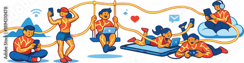 Constant connectivity scene sweeping across a minimal environment as human forms glow with wire-like veins linking them endlessly