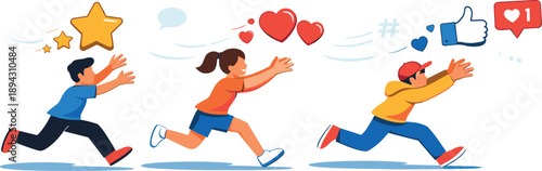 Chasing Social Validation. Social approval chase scene sweeping across a minimal environment as like-shaped forms drift ahead of