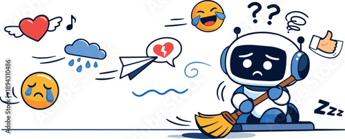 Chatbot misunderstanding scene sweeping across a minimal environment as emotional signals drift past the machine without landing